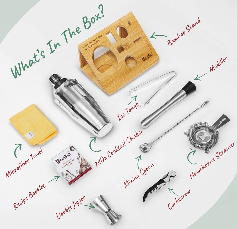 barillio Mixology Bartender Kit Cocktail Shaker Set by Barillio: Drink Mixer Set with Bar Tools  Bamboo Stand Cocktail Mixer Liquor Pourers Mojito Muddler Mixing Spoon Jigger Recipes Booklet - Image 2